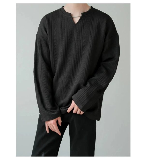 Textured V-neck Long-sleeved Pullover Online now - Image 3