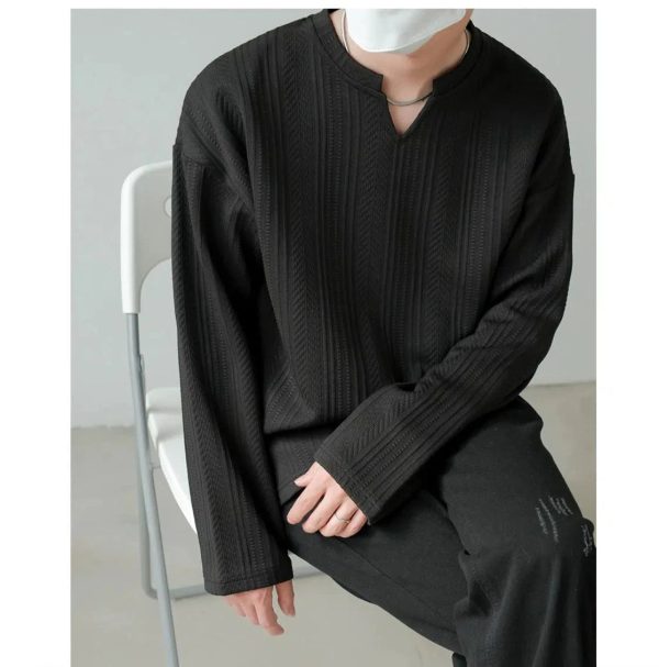 Textured V-neck Long-sleeved Pullover Online now