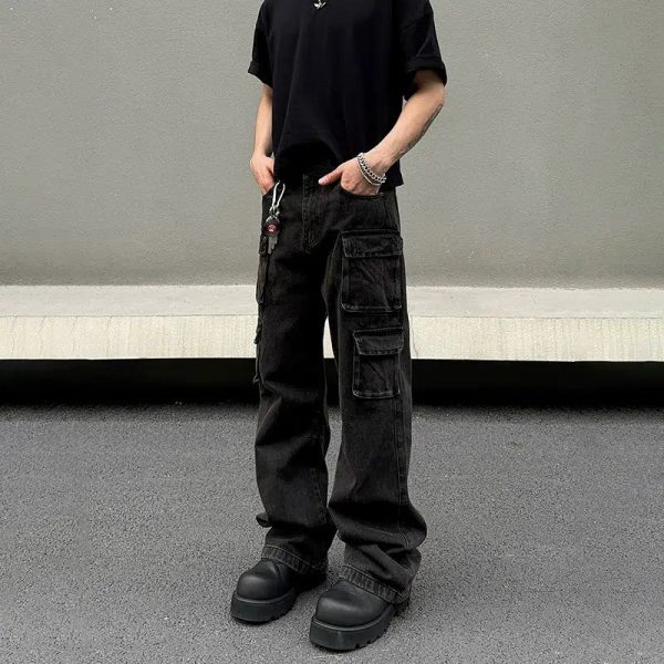 Black Multi-pocket Denim Cargo Pants Online now
