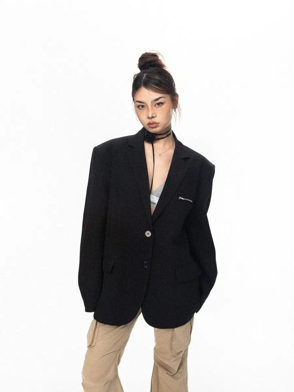 Black Zipper Oversized Blazer Hot on Sale