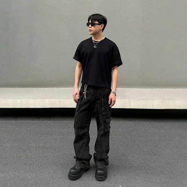 Black Multi-pocket Denim Cargo Pants Online now - Image 5