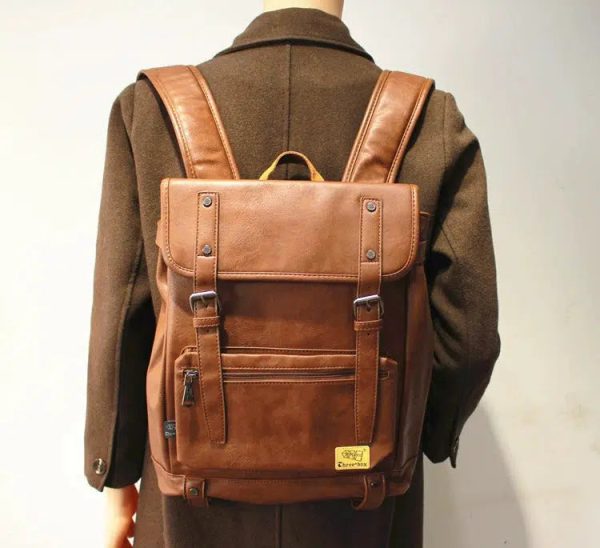 Vintage Leather Backpack with Buckle Straps For Discount - Image 4