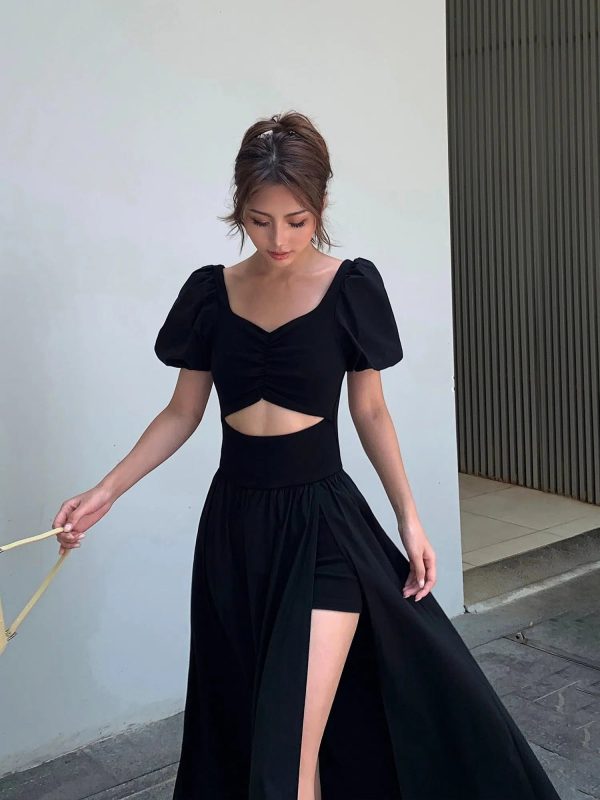 Black Slit Puff Sleeves Dress For Discount