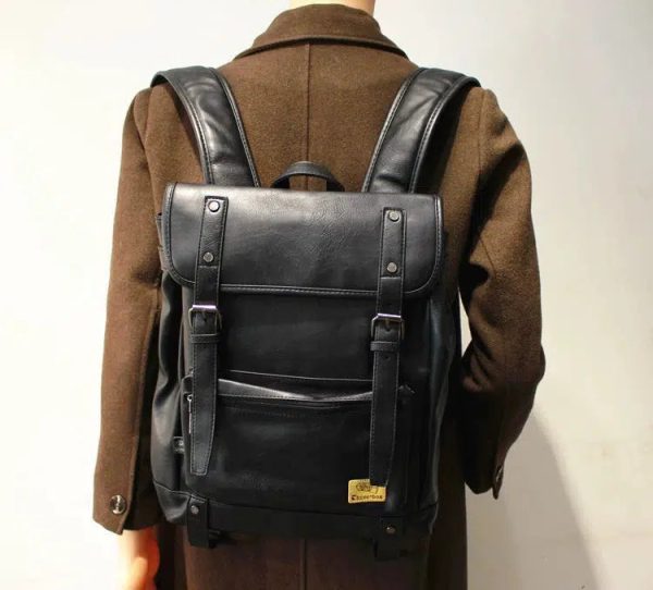 Vintage Leather Backpack with Buckle Straps For Discount - Image 5