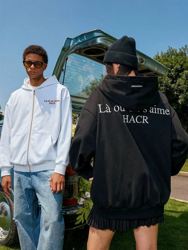 Embroidered Slogan Zipper Hoodie Online Hot Sale - Image 2