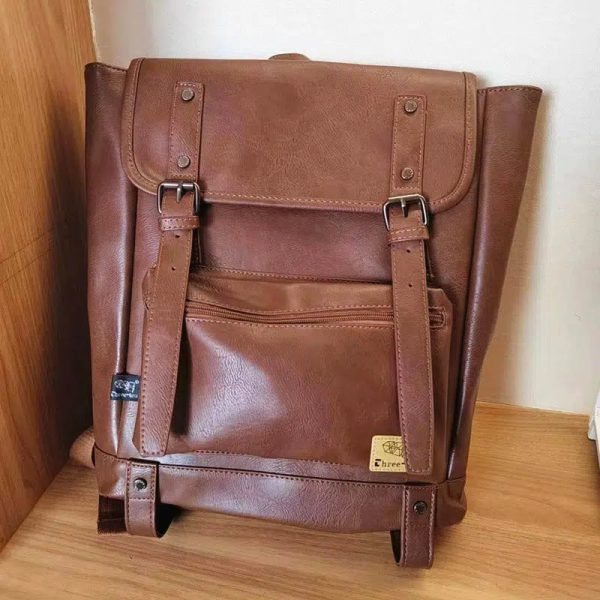 Vintage Leather Backpack with Buckle Straps For Discount - Image 3
