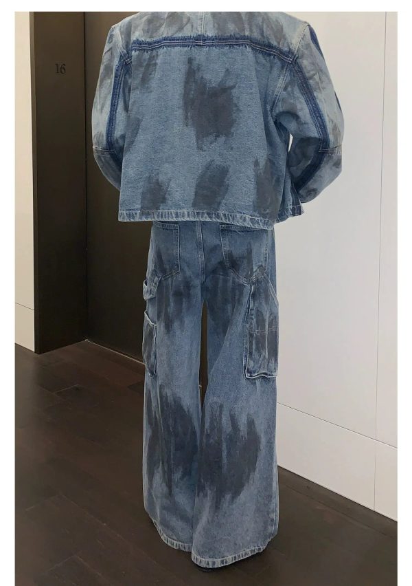 Deconstructed Distressed Denim Jacket Pants Suit on Sale - Image 5