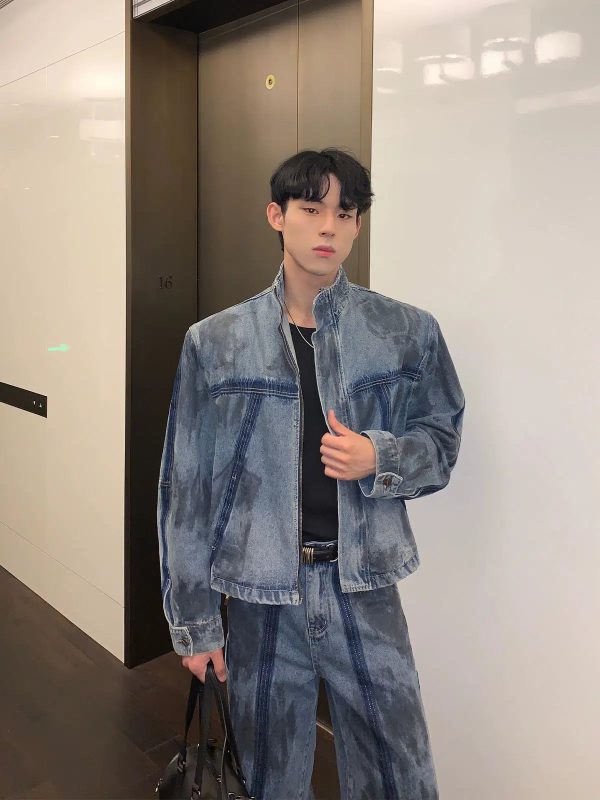 Deconstructed Distressed Denim Jacket Pants Suit on Sale
