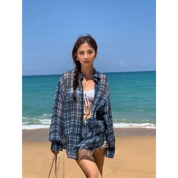 Casual Beach Plaid Button-Up Shirt For Sale