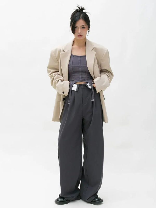 Folding Waistband Wide-leg Pleated Pants For Sale - Image 4