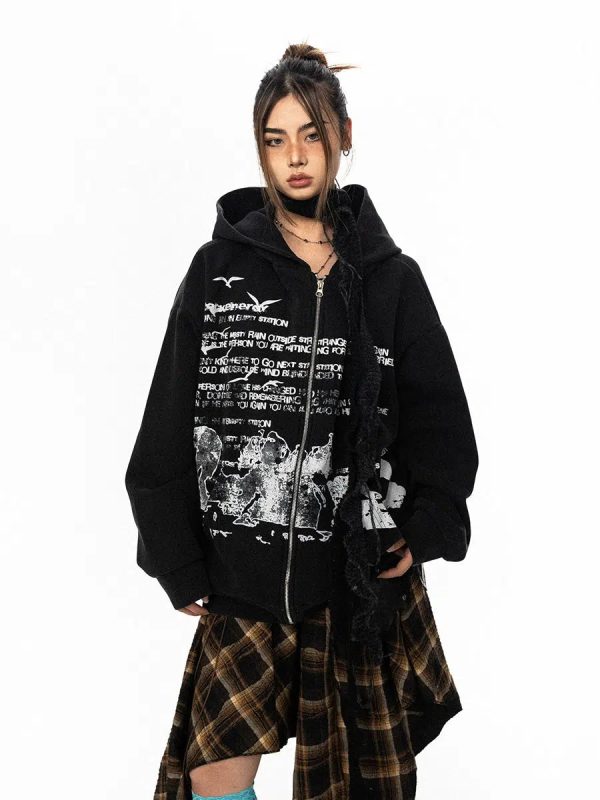 Letter Hooded Sweatshirt Washed Jacket For Cheap - Image 2