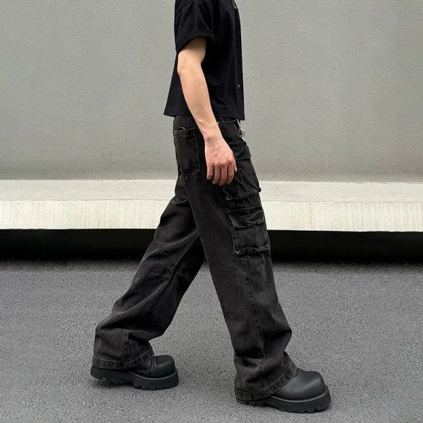 Black Multi-pocket Denim Cargo Pants Online now - Image 3