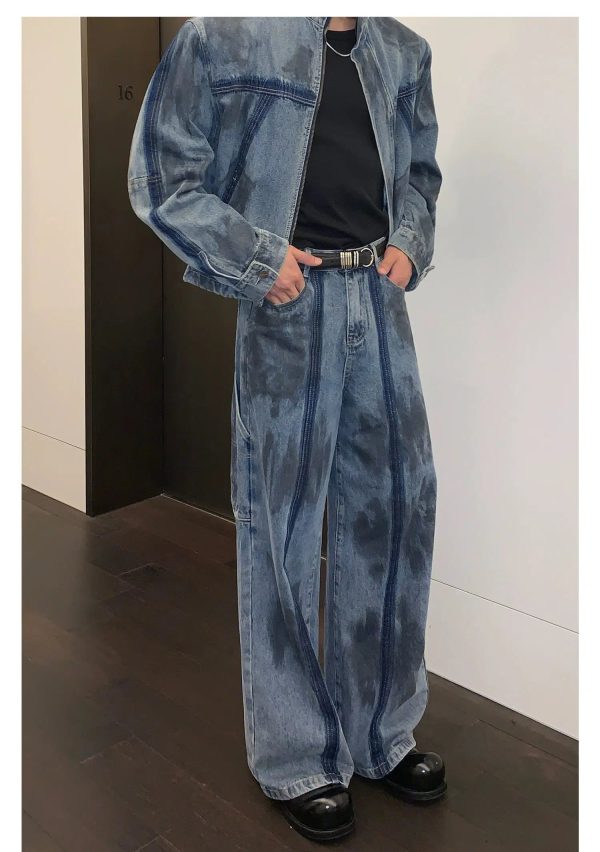 Deconstructed Distressed Denim Jacket Pants Suit on Sale - Image 4