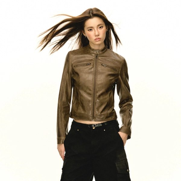 Sleek Silhouette Zippered Leather Jacket Discount - Image 2