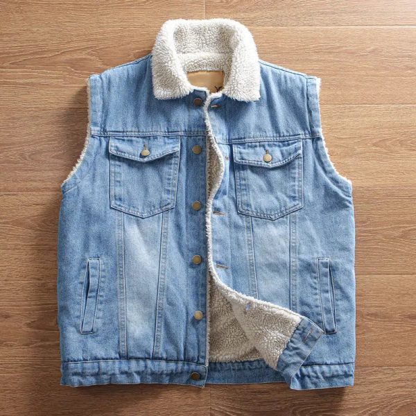 Sherpa Fleece Sleeveless Denim Jacket Vest Sale - Image 2