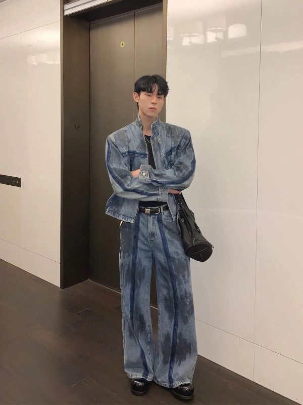 Deconstructed Distressed Denim Jacket Pants Suit on Sale - Image 2