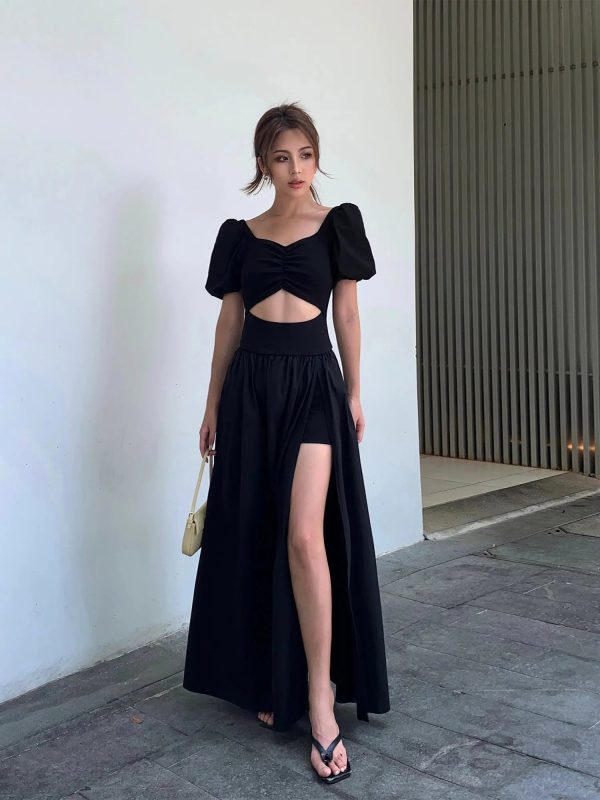 Black Slit Puff Sleeves Dress For Discount - Image 2