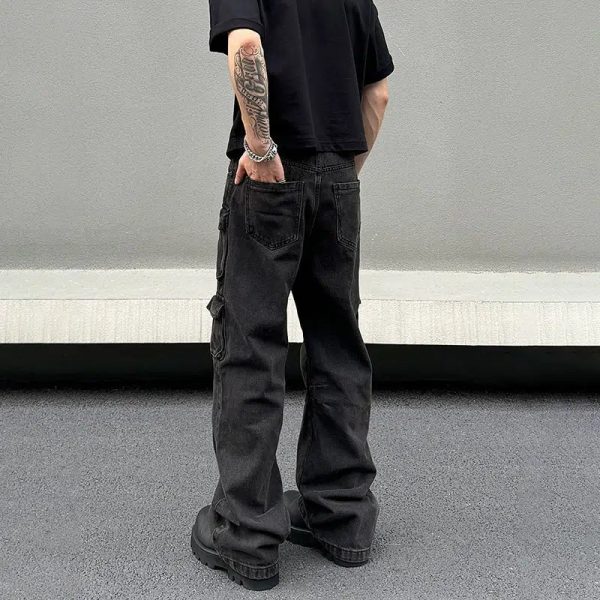 Black Multi-pocket Denim Cargo Pants Online now - Image 2