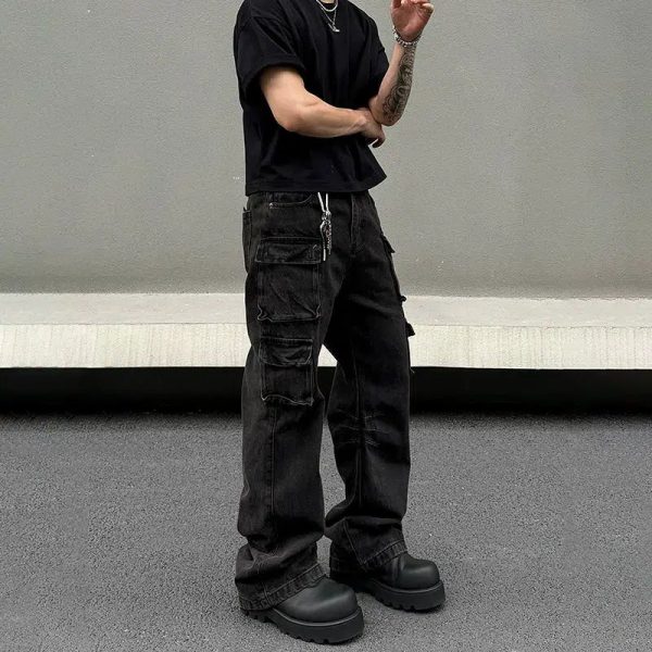 Black Multi-pocket Denim Cargo Pants Online now - Image 4