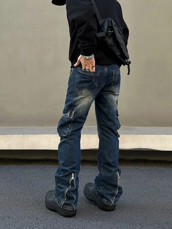 Blue Slim Fit Multi-pocket Cargo Jeans Sale - Image 3