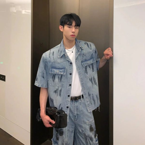 Graffiti Short Sleeve Denim Jacket Online Sale - Image 2