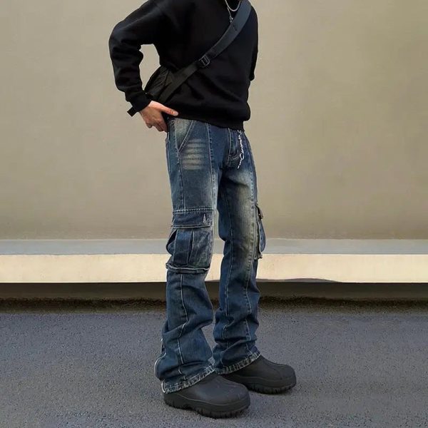 Blue Slim Fit Multi-pocket Cargo Jeans Sale