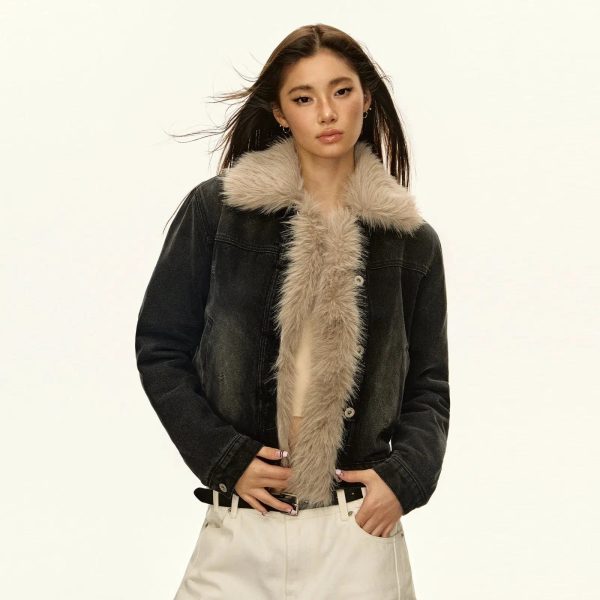 Plush Lining Faux Fur Collar Denim Jacket Online Hot Sale - Image 2