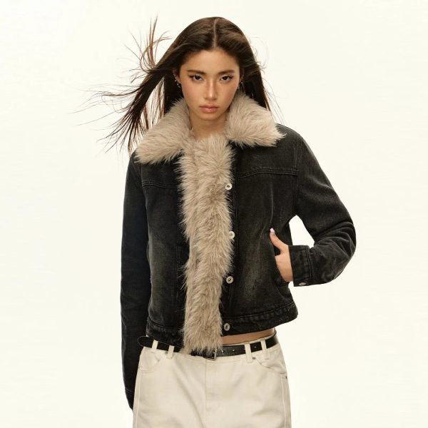 Plush Lining Faux Fur Collar Denim Jacket Online Hot Sale - Image 4