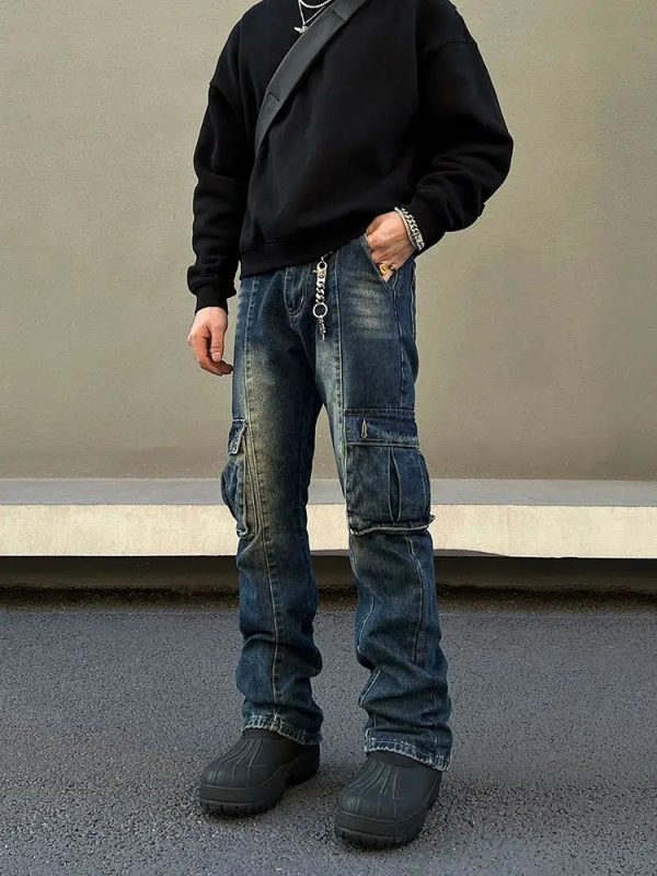 Blue Slim Fit Multi-pocket Cargo Jeans Sale - Image 4