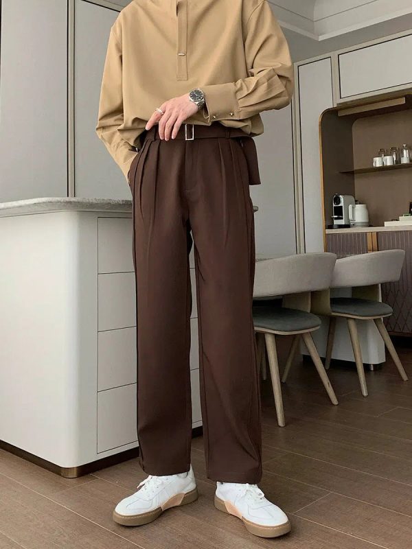 Belted Slim Fit Straight Leg Pants For Sale - Image 2