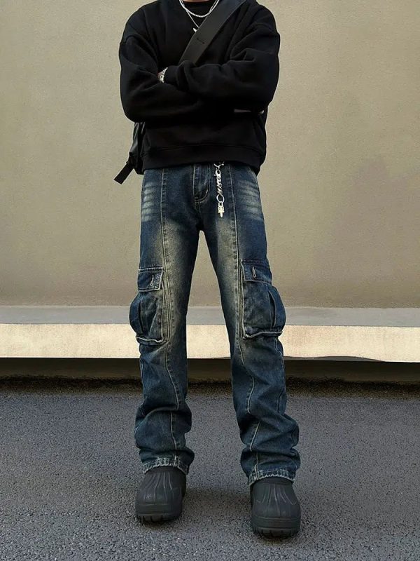 Blue Slim Fit Multi-pocket Cargo Jeans Sale - Image 5