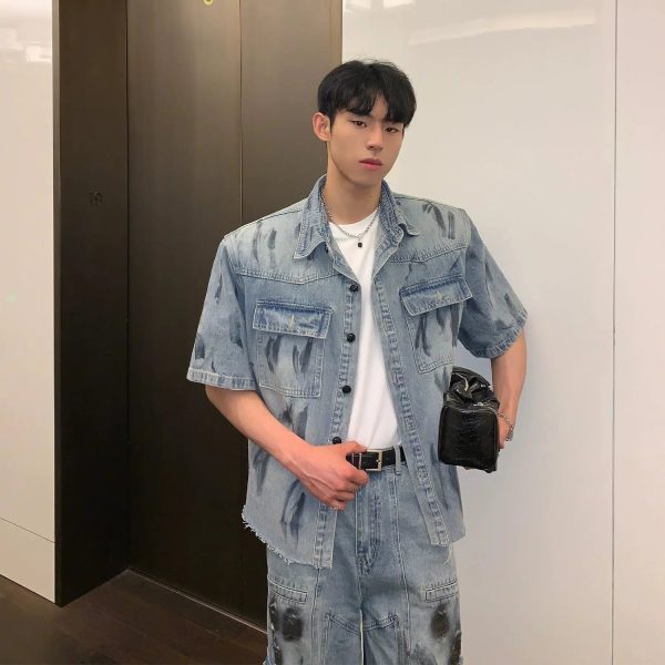 Graffiti Short Sleeve Denim Jacket Online Sale - Image 5