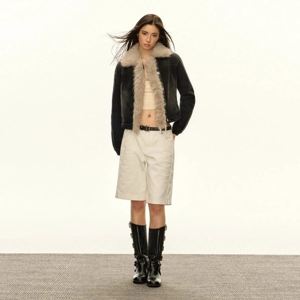 Plush Lining Faux Fur Collar Denim Jacket Online Hot Sale - Image 5