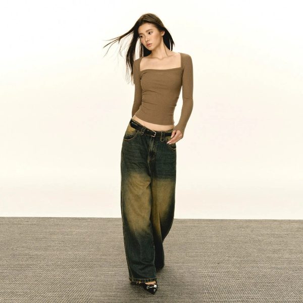 Square Neckline Long Sleeve Fitted Pullover Online - Image 5